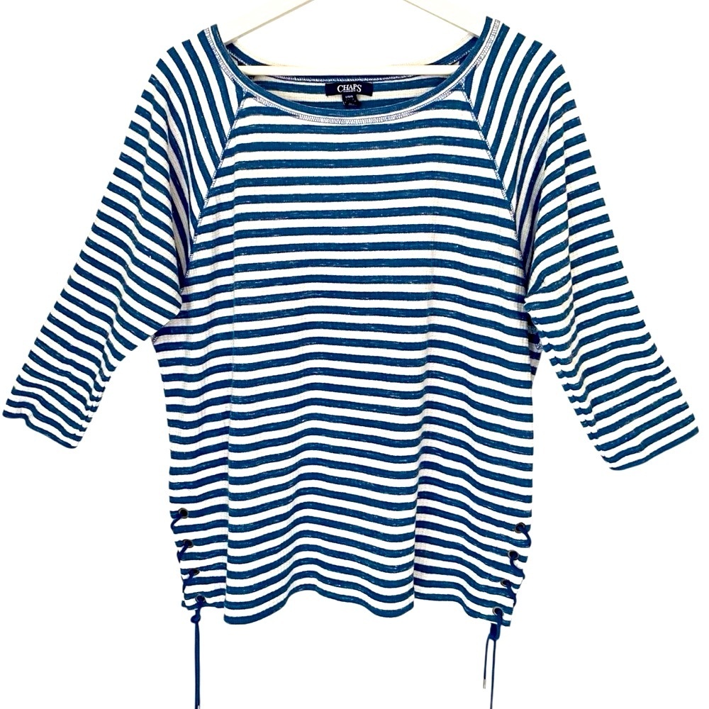 CHAPS Top Nautical Side Tie 3/4 Sleeve Round Neck Blue White Stripe Women Size L